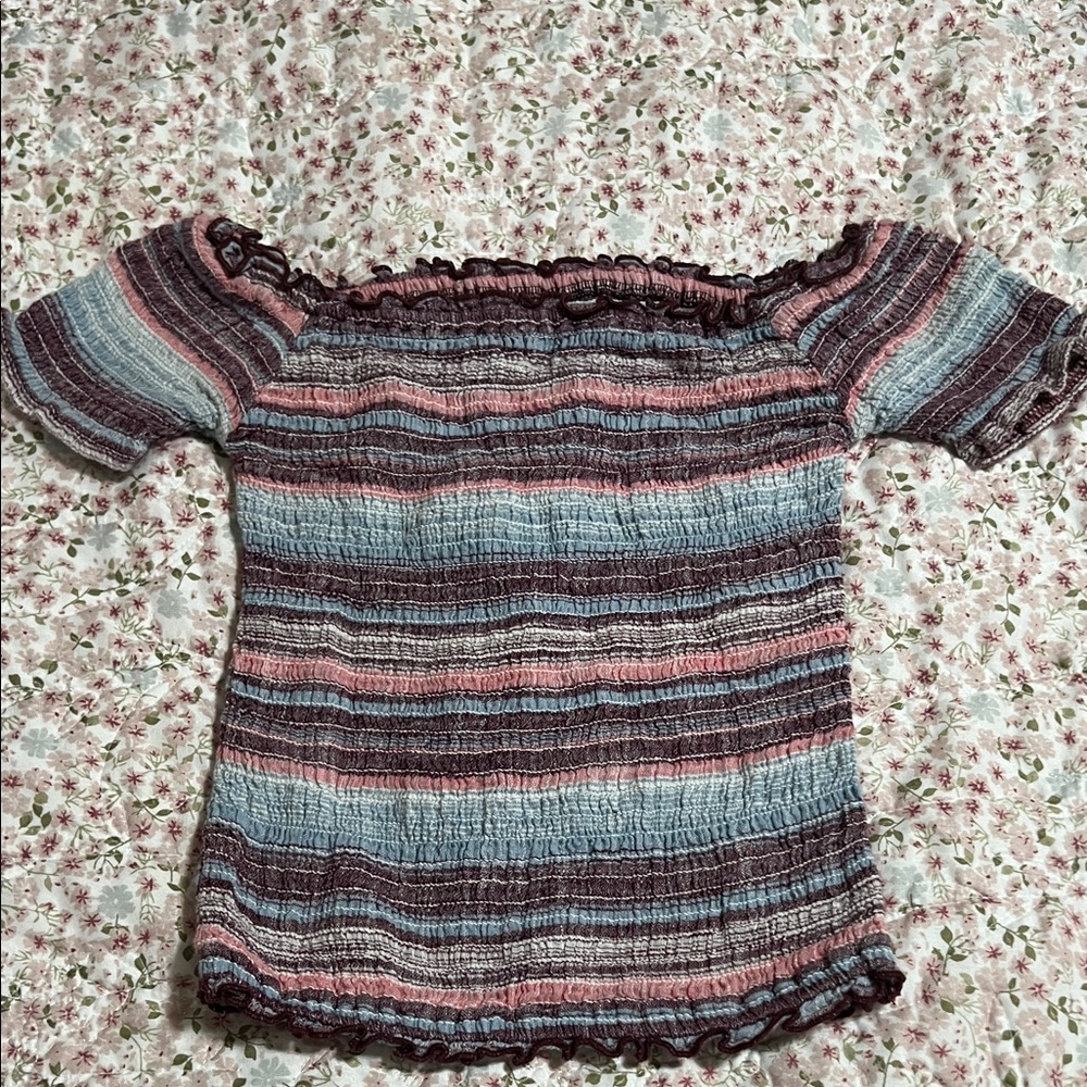 Hollister Striped Smocked Off-Shoulder Crop Top in Blue, Pink, and Burgundy